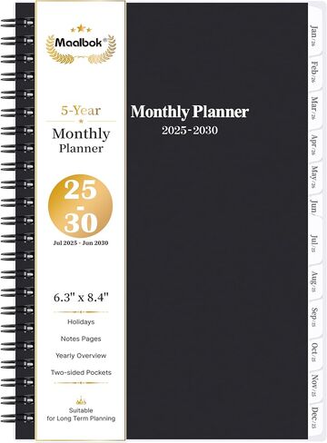 2025-2030 Monthly Planner/Calendar - 5 Year Monthly Planner 2025-2030 with Tabs, Jul 2025 - Jun 2030, 6.4" x 8.5", 60 Monthly Planner, Two-Side Pocket, 9 Notes Pages, Suitable for Long-Term Planning in Kuwait