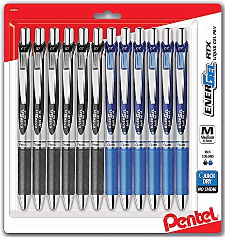 Pentel Energel 0.7 mm Rtx Retractable Liquid Gel Pen - Pack of 6 Black Ink & 6 Blue Ink Metal (Total Of 12 Energel Liquid Gel Ink Pens 0.7) Medium Point - Metal Tip in Saudi Arabia