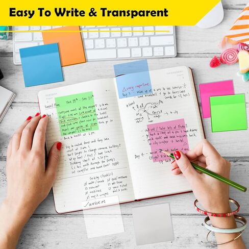 800 Sheets Transparent Sticky Notes, 3x3 Inch 14 Pads Self-Adhesive Translucent Clear See Through Post Sticky Notes for Planner Office School College Teacher Student Supplies 6 Bright Color in Saudi Arabia