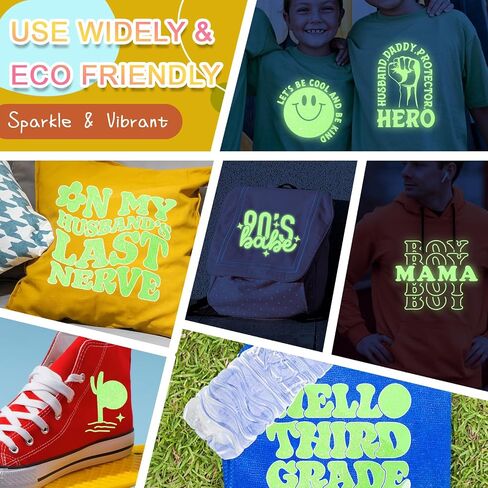 TECKWRAP Glow in The Dark HTV Heat Transfer Vinyl for T Shirt - 10" x 5ft Glitter Iron on Vinyl for All Cutter Machine Heat Press Vinyl Easy to Cut & Weed (Glow in Dark White) in Kuwait