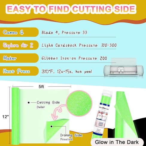 TECKWRAP Glow in The Dark HTV Heat Transfer Vinyl for T Shirt - 10" x 5ft Glitter Iron on Vinyl for All Cutter Machine Heat Press Vinyl Easy to Cut & Weed (Glow in Dark White) in Kuwait