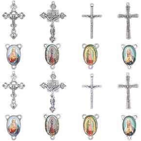 SUNNYCLUE 1 Box 40Pcs 8 Styles Rosary Cross Charms Crucifix Charm Bulk Easter Tibetan Silver Oval Chandelier Links Rosary Connectors Cross Charm Findings for Jewelry Making Supplies DIY Necklace Craft