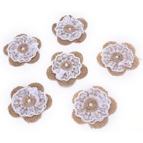 OZXCHIXU 12pcs Burlap Lace Flower with Pearl Natural Color Rustic Wedding Paty Decoration and Crafts DIY