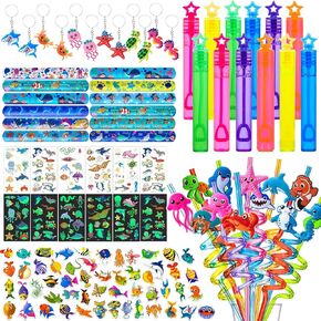 Golray 112pcs Under the Sea Party Favors Ocean Animal Creature Bulk Toy Gift Summer Birthday Supplies for Kids Boy Girl Straw Bubble Wand Tattoo Sticker Goodie Bag Filler Stuffer