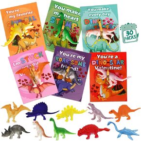 Valentines Day Cards for Kids School 30 Pcs Fun Mini Dinosaur Figure Toys with Cute Valentine Cards, Party Favors for School, Class Events, Valentine Gift Exchange Gift for Boys and Girls
