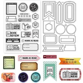 GLOBLELAND Book Reading Tags Clear Stamps and Tag Banner Cutting Dies Set for DIY Scrapbooking Cards Making Decorative Photo Album Notebook