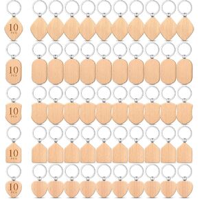 50 Pieces Wooden Keychain Blanks Laser Engraving Wood Blanks Key Chain Bulk Unfinished Wooden Key Ring Key Tag for DIY Gift Crafts(Assorted Style)
