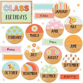 Back to School Birthday Bulletin Board Set Groovy Class Birthday Bulletin Board Stickers Retro Boho Hippie Month Header Decals for School Classroom Calendar Decor, 53Pcs