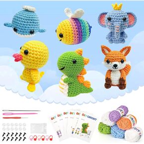 MANXITA 6 Pcs Crochet Kit for Beginners, Beginner Crochet Kit for Adult and Kids with Step-by-Step Video Tutorials, DIY Crochet Animal Kits Kids Knitting Supplies, Birthday Gift, Holiday Gift