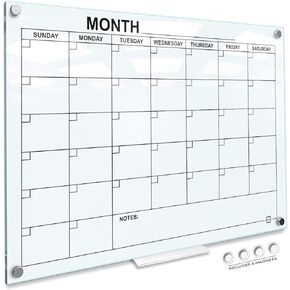 Magnetic Glass Whiteboard Calendar Monthly Planner White Board Calendar Dry Erase Board 34"x46" Dry Erase Calendar For Wall Weekly Glass Calendar Whiteboard Home office Large Wall Calendar Marker Tray