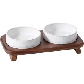 Wide Whisker Friendly Raised Cat Bowls Set with Acacia Wood Stand, Ceramic Food & Water Bowls for Cats, Puppy, Kitty, Relief Whisker Fatigue, Pet Bowl(1Bowl+1Dish+Stand, Arctic White)