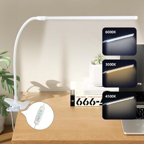 Desk Lamp with Clamp, Long Flexible Gooseneck Clip on Lamp for Kids Reading in Bed, Tattooing, Make Up, Sewing Craft, Nail Tech Lamp, 3 Color Modes & 10 Brightness Levels