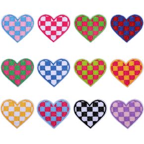 12PCS Heart Patch Iron on Classic Multicolour Checkered Racing Embroidered Patches,Heart Decorative Applique Iron on Patches Sewing Iron on Trucker Hat Patches for Jeans Shirt Hats Crafts