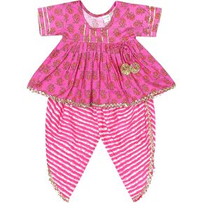 Baby Girls Jaipuri Print Frock Style Kurti with Frill Sleeves Salwar with Elastic Closure Ethnic Dress