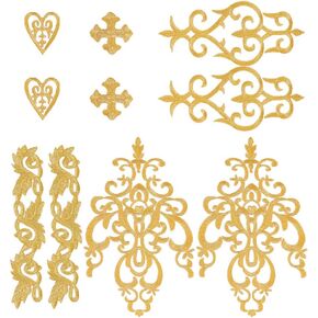 NBEADS 14 Pcs 5 Styles Gold Flower Embroidery Patches, Cross Heart Vine Metallic Applique Iron on Patches Ethnic Lace Applique Polyester Sewing Craft Decoration for Wedding Prom Dress Clothes