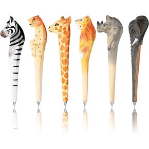 6 Pcs Wood Carved Animal Pen Back to School Gift Wooden Animal Pens Set Lion Leopard Giraffe Elephant Rhino Novelty Fun Pen Giraffe Office Supplies Writing Pen Cute Stationery