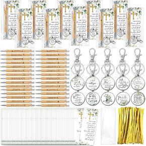 Spakon 20 Set Christian Bible Verse Gifts Bulk Bamboo Ballpoint Pens, Religious Keychains and Scripture Bookmarks Church Inspirational Sunday School Gift Baptism Favors for Men Women Pastor(Leaves)