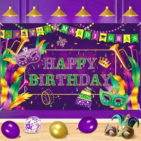 Mardi Gras Birthday Party Decorations Large Mardi Gras Birthday Banner Purple Happy Birthday Backdrop for Mardi Gras Carnival New Orleans Masquerade Birthday Party Supplies 70.8 x 43.3 inch