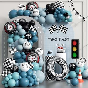 184pcs Race Car Balloon Garland Arch Kit, Two Fast Birthday Decorations with Slate Dusty Blue Checkered Wheel Check Flag Balloons for One Two Fast Race Car Birthday Party Decorations for Boys