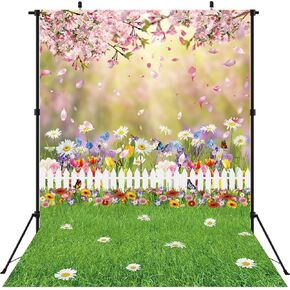 Spring Easter Backdrop Spring Pink Flowers Photography Backdrop Easter Green Lawn Natural Scenery Background for Kids Baby Shower Birthday Party Decor Photo Studio Props (59x82 inch (5x7FT))