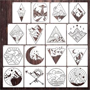 Pkqon Boho Stencils for Painting Nature Mountain Moon Sun Drawing Stencil Leaf Landscape Paint Template on Wood Wall Art Crafts Shirt Canvas Furniture Paper (Mountain) white