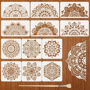 12Pack Large Mandala Stencils for Painting on Wood 18x10 in and 12x 12 in Damask Stencils for Walls Reusable Floral Texture Stencil with Brushes Drawing Templates for Floor Furniture Tile Fabric