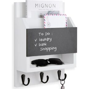 Key and Mail Holder for Wall, Key Holder with Chalkboard and Long Storage Box, Key Hanger with 3 Sturdy Hooks for Coat, Dog Leash, Entryway Mail Organizer (Black)