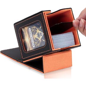 MTG Commander Deck Box for Magic The Gathering, Premium Toploader Storage Case, Fits 100+ Double Sleeved Cards, TCG Card Case with 2 Dividers & 1 Toploader, Black/Orange, Portable, for EDH Players