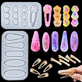 FineInno 12 Pcs Shaker Hair Clips Resin Kit - Quicksand Hairpin Epoxy Resin Molds Cat Paw Hair Barrettes Silicone Oval Heart Hairclips Casting Jewelry Making Kit