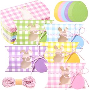 50Pcs Easter Treat Boxes With Gift Tags and Rope Spring Plaid Pillow Box Bunny Shape Window Cookie Boxes for Easter Spring Holidays Birthday Party Supplies, 5 Colors