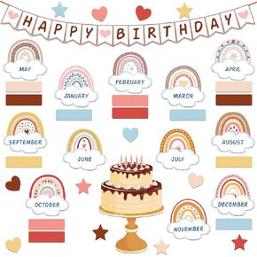 Marspark 65 Pieces Classroom Decor Rainbow Birthday Bulletin Board Set Classroom Birthday Chart Cutouts Decoration for Classroom(Boho Color)