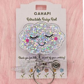 Glitter Badge Reel – Happy Cloud Retractable ID Holder – Cute Nurse Accessories for Work – Perfect for Teachers, Nurses, and Students – Durable Alligator Clip with Keyring