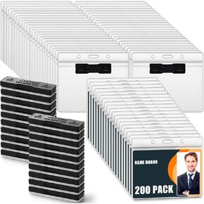 Redbaker 200 Pack Magnetic Name Badge Holders Bulk 4" x 3" Clear PVC Horizontal ID Card Tag Waterproof Reusable Plastic Name Tag for Office, Convention, Exhibitor Event, Record, School, Classroom