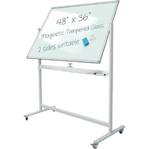 Rolling Glass Writeboard Premium Tempered Magnetic Glass 48"x36" with 4 Wheels Double Sided Easel-Style Dry Erase Boards 2-in-1 Magnetic Message Board,Office Bulletin Boards,Home & School,White Color