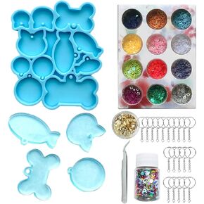 Woohome Dog Tag Silicone Resin Moulds, Dog Bone Shaped Keychain Mould Round Pet Tag Epoxy Mould Cat Fish Epoxy Casting Mould with Keychain, Sequins for DIY Crafts Jewelry Making Supplies