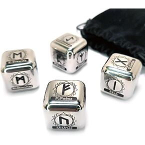 4 Pcs/Set Metal Rune Dice Set, 24 Carved Elder Furthark Alphabet Viking Rune Stainless Steel Dices for Divination Prediction Game (Silver)