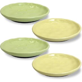 Fhiny 2PCS Cat Food Bowl,6" Ceramic Cat Dishes with Silicone Bottom Shallow Whisker Fatigue Kitten Texture Plates Set for Indoor Cats Non-Slip Wide Kitten Whisker Friendly Bowls, Beige & Green