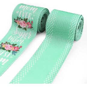 2 Rolls Mother's Day Craft Ribbons for Wreath Bows, 2.5"×10 Yards Wired Edge Ribbons Green Burlap Ribbon Spring Flowers Wired Ribbons for Crafting Sewing DIY Crafts Supplies