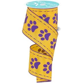 Craig Bachman Paw Print Wired Edge Ribbon, 2.5"" x 10 Yards (Yellow, Purple), RGF1282
