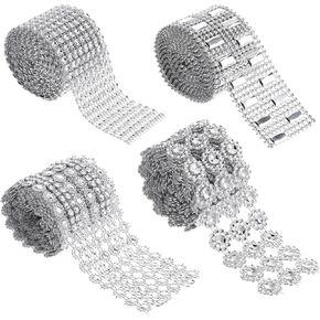 4 Rolls 8 Yards Bling Crystal Rhinestone Ribbon Silver Diamond Flower Shape Mesh Wrap Roll Bling Rhinestone Diamond Flower Shape Mesh Ribbon Wrap for Wedding Cake Vase Decorations Party Supplies in Kuwait