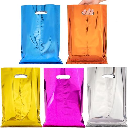 50 Pcs Birthday Party Favor Bags, Stripe Goodie Candy Bags with Handles, Party Treat Bags for Kids Baby Girls & Boys, Plastic Loot Gift Bag Bulk for Baby Showers, Party in Saudi Arabia