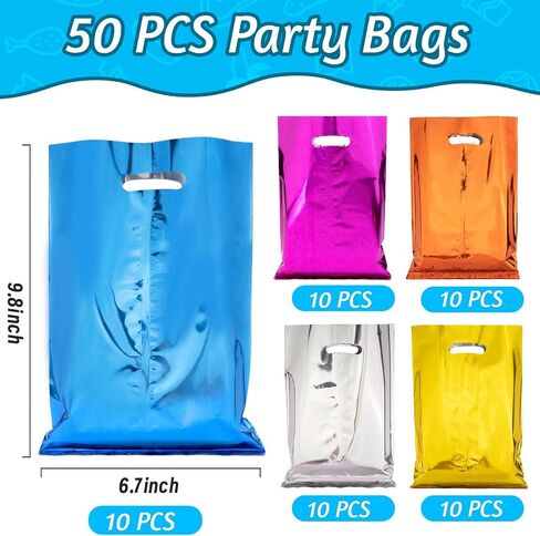 50 Pcs Birthday Party Favor Bags, Stripe Goodie Candy Bags with Handles, Party Treat Bags for Kids Baby Girls & Boys, Plastic Loot Gift Bag Bulk for Baby Showers, Party in Saudi Arabia