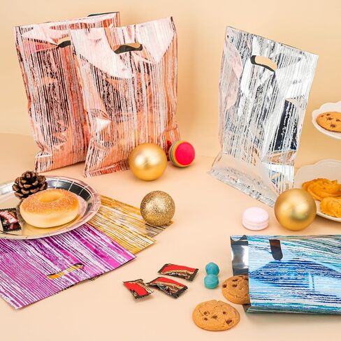 50 Pcs Birthday Party Favor Bags, Stripe Goodie Candy Bags with Handles, Party Treat Bags for Kids Baby Girls & Boys, Plastic Loot Gift Bag Bulk for Baby Showers, Party in Saudi Arabia