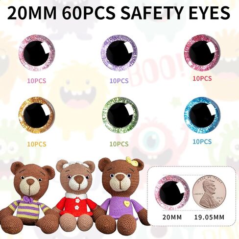 Mucunnia 120pcs 18mm 3d بريق عيون سلامة بلاستيكية من أجل amigurumi منحرف الكروشيه كروشيه عيون مع غسالات محشوة عيون الحيوانات ل diy من الدمى ، دب حيوان الهالوين (6 ألوان) in Kuwait
