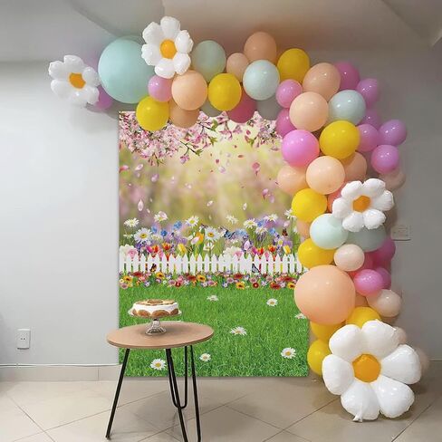 Spring Easter Backdrop Spring Pink Flowers Photography Backdrop Easter Green Lawn Natural Scenery Background for Kids Baby Shower Birthday Party Decor Photo Studio Props (59x82 inch (5x7FT)) in Kuwait