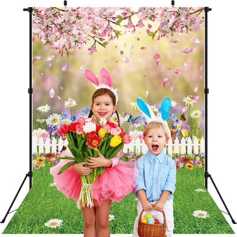Spring Easter Backdrop Spring Pink Flowers Photography Backdrop Easter Green Lawn Natural Scenery Background for Kids Baby Shower Birthday Party Decor Photo Studio Props (59x82 inch (5x7FT)) in Kuwait