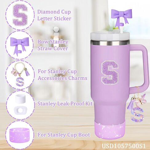 MOTEERLLU 6pcs Stanley Cup Accessories Set,Bow Straw Cover for Stanley Cup 30oz 40oz, Including Straw Topper,Spill Proof Stopper,Sparkly Silicone Boot Set,Handle Charm,Initials Sticker (M) in Saudi Arabia