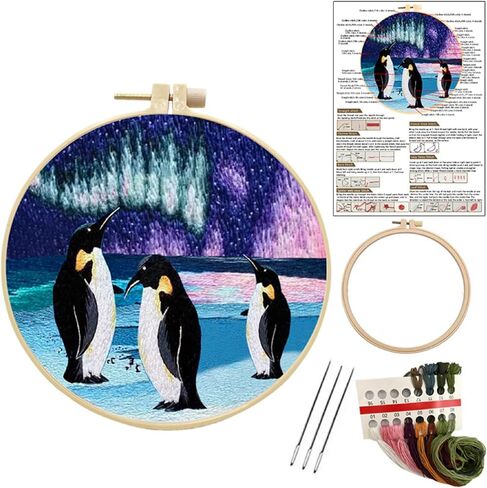 Jryyr Friendship Higts مجموعات التطريز للمبتدئين ، مجموعة التطريز للمبتدئين الكبار DIY Christmas Cross Stitch مجموعات مع الأنماط والتعليمات. (البطاريق وأورورا بورياليس) in Kuwait