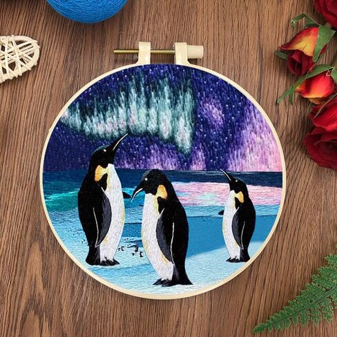 Jryyr Friendship Higts مجموعات التطريز للمبتدئين ، مجموعة التطريز للمبتدئين الكبار DIY Christmas Cross Stitch مجموعات مع الأنماط والتعليمات. (البطاريق وأورورا بورياليس) in Kuwait