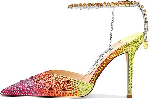 Women's Heeled Sandals Crystal Chain Ankle Straps Rhinestones Buckle High Heels Stiletto Slip On Wedding Party Satin Dress Shoes 3.9 IN in Saudi Arabia